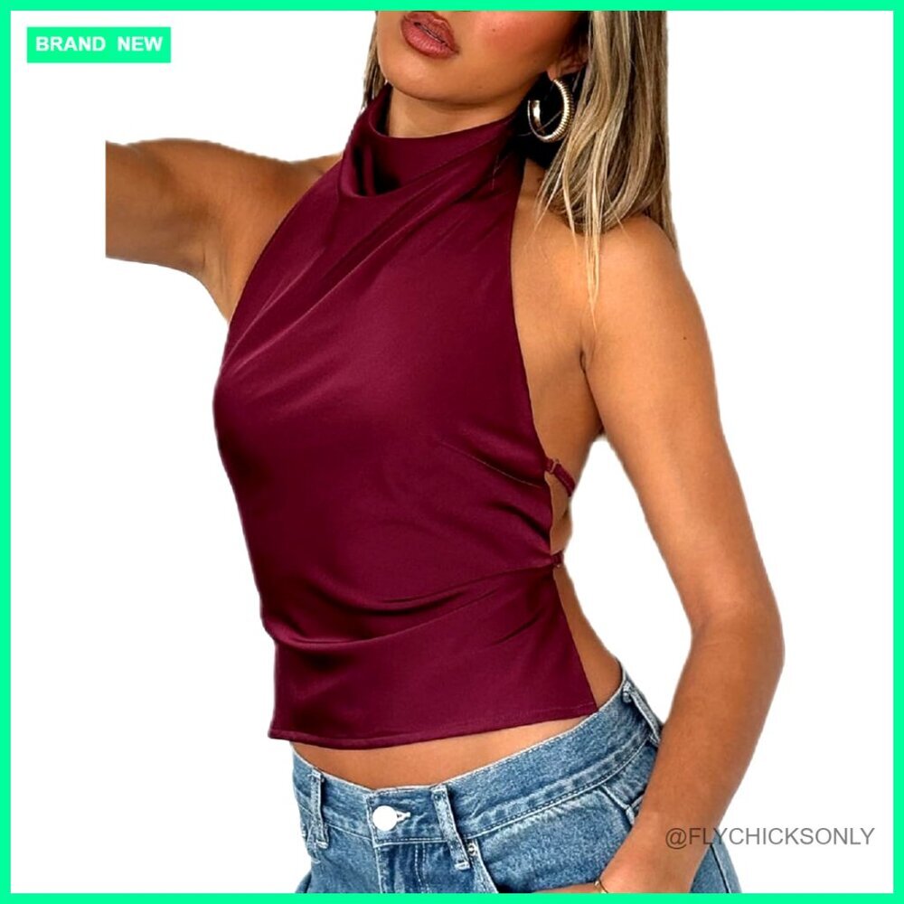 Polyester Halter Tank Top High Neck Backless Cami Cropped Going Out